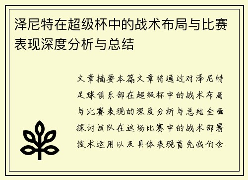 泽尼特在超级杯中的战术布局与比赛表现深度分析与总结 泽尼特在超级杯中的战术布局与比赛表现深度分析与总结
