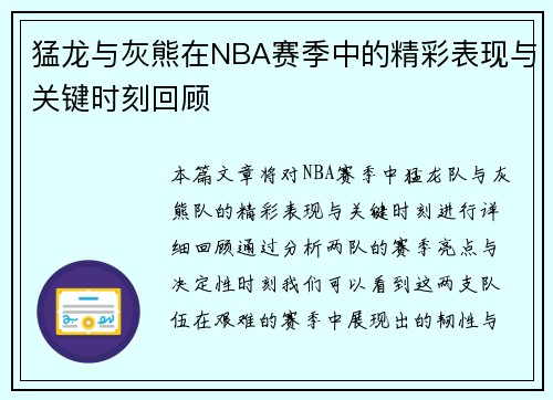 猛龙与灰熊在NBA赛季中的精彩表现与关键时刻回顾 猛龙与灰熊在NBA赛季中的精彩表现与关键时刻回顾