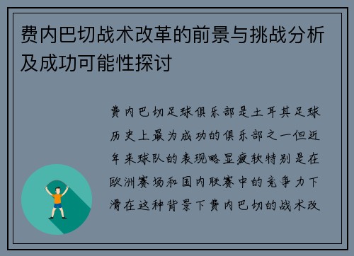 费内巴切战术改革的前景与挑战分析及成功可能性探讨