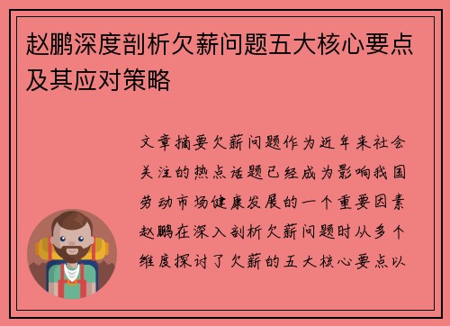 赵鹏深度剖析欠薪问题五大核心要点及其应对策略 赵鹏深度剖析欠薪问题五大核心要点及其应对策略